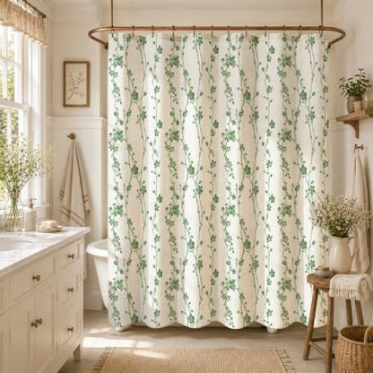 Gibelle Green Farmhouse Linen Shower Curtain, Boho Floral Fabric, 36 x 72