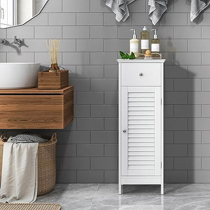 GIANTEX Bathroom Floor Storage Cabinet with Louvered Door and Drawer, White