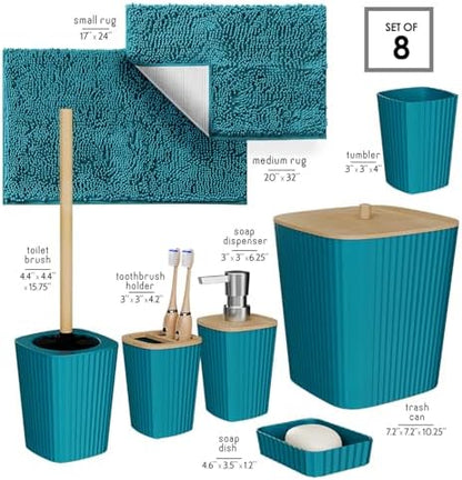 Clara Clark Bathroom Set - Teal Bathroom Accessories Set, 6PC Bathroom Accessory Set, Bathroom Sets with Bathroom Rugs, Toilet Brush, Trash Can & Soap Dispenser