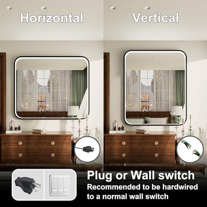 36"x30" Black LED Bathroom Mirror with 3000K/4500K/6000K Lights