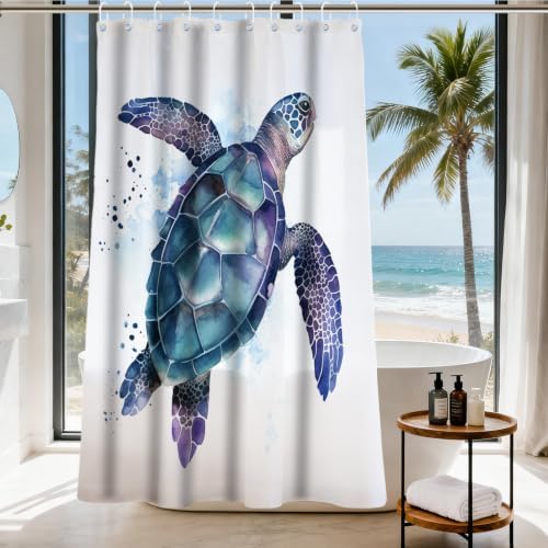Funny Sea Turtle Shower Curtains Ocean Animal Cartoon Kids Theme Cloth Fabric Bathroom Decor Sets with Hooks Waterproof Washable 60W x 72H inches Teal Purple