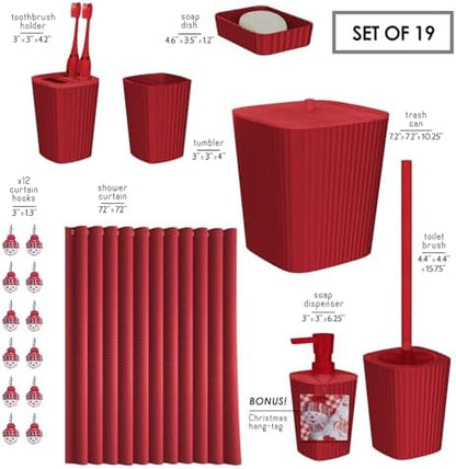 Clara Clark Bathroom Accessories Set - Christmas Shower Curtain Set, Xmas Bathroom Set, Christmas Bathroom Decor, Bathroom Accessory Set, Toilet Brush, Trash Can & Soap Dispenser - 19PC Set