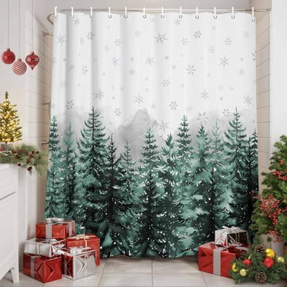 Shower Curtain Bathroom Set Christmas Tree Forest Gradient Green Waterproof Shower Curtains with Grommets Hooks Winter Snowflakes Gray Privacy Bath Curtain for Bathtub Decor 72x72in
