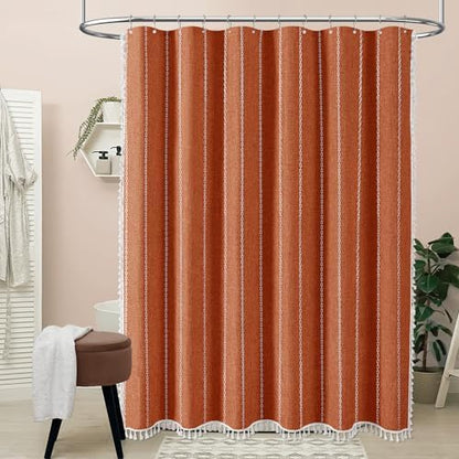 BTTN 54x78 Boho Farmhouse Linen Heavy Duty Shower Curtain Set, Burnt Orange