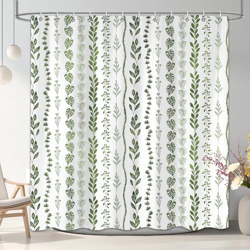 Boho Shower Curtain Waterproof Fabric Bath Curtain with Hooks 72x72 inch，Sage Green Modern Farmhouse Bathroom Decor