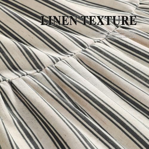 Farmhouse Shower Curtain Ruffle Linen Cream-Black Stripe 72"W x 75"L