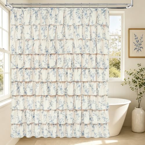 Yinhua Long Farmhouse Ruffle Shower Curtains with Blue Floral, 72" Wx78 L