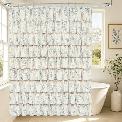 Yinhua Long Farmhouse Ruffle Shower Curtains with Blue Floral, 72" Wx78 L