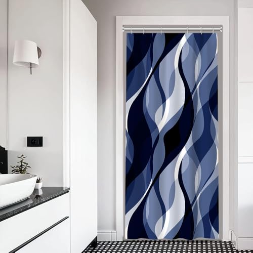 Navy Blue Striped Stall Shower Curtain with Hooks, 36x72 Inch