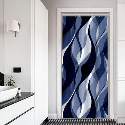 Navy Blue Striped Stall Shower Curtain with Hooks, 36x72 Inch