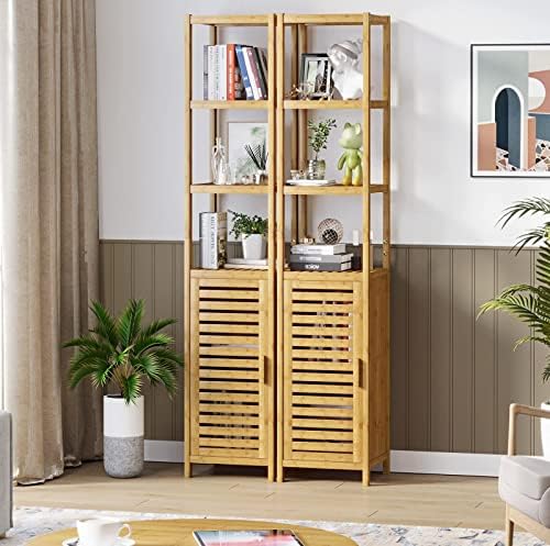 VIAGDO Storage Tall Slim Cabinet with Shutter Door and 3 Tier Shelves, Freestanding Linen Tower Cabinet for Living Room, Kitchen, Bathroom Organizer, Natural Bamboo