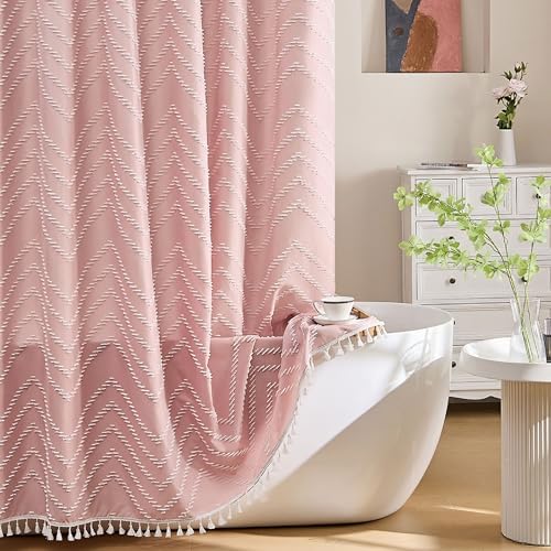 Siiluminisoy Extra Long Pink Boho Shower Curtain with White Tassel, Woven Fabric Cute Shower Curtain, Tufted Chevron Striped, 72 x 78, Modern Chic Textured Minimalist Bathroom Shower Curtain