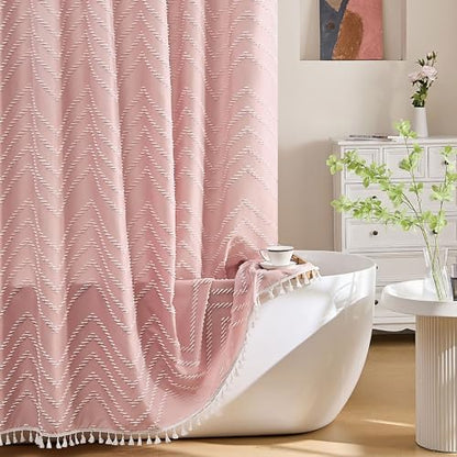Siiluminisoy Extra Long Pink Boho Shower Curtain with White Tassel, Woven Fabric Cute Shower Curtain, Tufted Chevron Striped, 72 x 78, Modern Chic Textured Minimalist Bathroom Shower Curtain