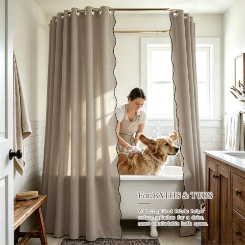 Furlinic Fabric Shower Curtain No Hook Scalloped Greige Waterproof 72x75
