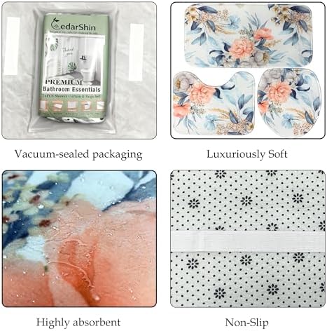 16 PCS Floral Bathroom Shower Curtain Set with Rugs 12 Metal Hooks,72 x 72"