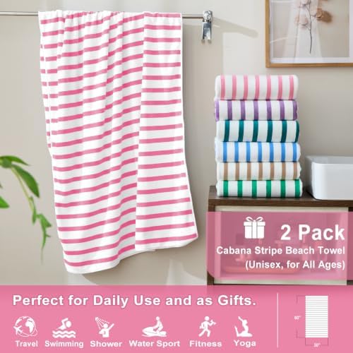 JML Microfiber Bath Towels Set, 2 Pack, 30" x 60", Stripe Pink