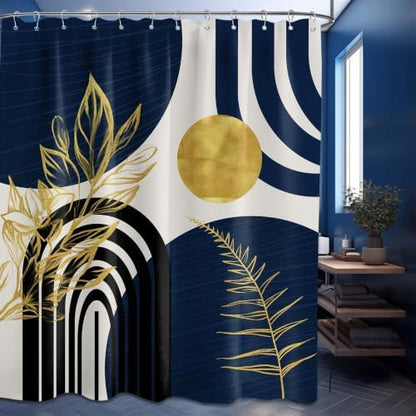 Navy Blue and Gold Extra Long Shower Curtain, Tall 72X96 in, Mid Century