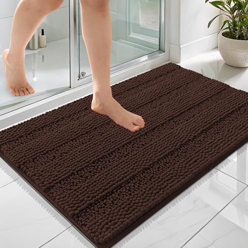 OLANLY Thick Bathroom Rugs 36x24, Soft Chenille Striped Bath Rugs, Brown