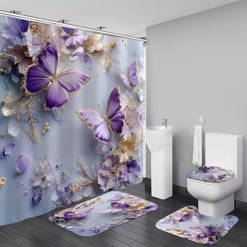 Chrainy 4pcs Purple Butterfly Shower Cutain Set Bathroom Decor with Rugs