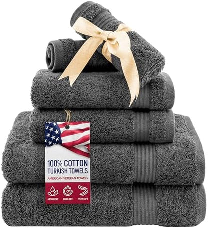 American Veteran Towel, 6 Piece Towel Set for Bathroom, 100% Cotton Turkish Bathroom Towels, 2 Bath Towels 2 Hand Towels 2 Washcloths, Dark Gray