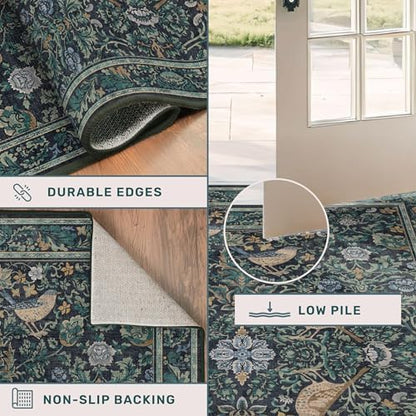 Vintage 8x12 Area Rugs for Living Room - Blue Soft Floral Rug for Bedroom, Dining Room, Washable Botanical Bird Carpet, Non-Slip Stain Resistant Low Pile Throw Rug Indoor Door Mat