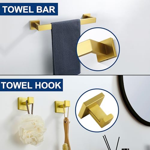 5 Pieces Bathroom Hardware Accessories Set Brushed Gold, 16Inch Bathroom Towel Rack Set SUS304 Stainless Steel, Square Bath Towel bar Set Heavy Duty, Wall Mounted