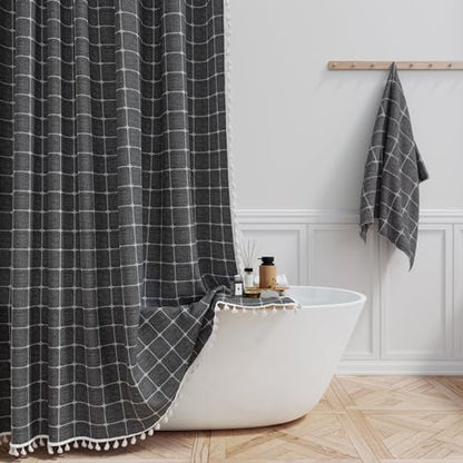 BTTN Extra Long Boho Farmhouse Linen Shower Curtain, 72x96, Charcoal Gray