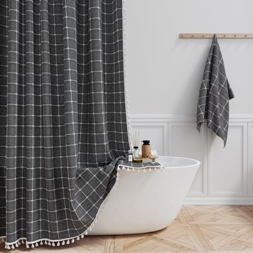 BTTN 72x78 Boho Linen Heavy Duty Fabric Shower Curtain Set, Charcoal Gray