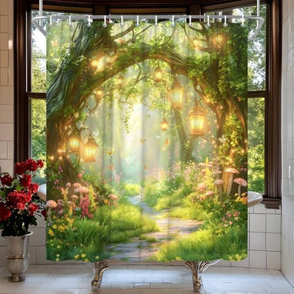 Fantasy Forest Path Shower Curtain Fairy Magical Enchanted Misty Jungle Mushroom Floral Tree Butterfly Lantern Spring Wonderland Bath Curtain Fabric Bathroom Accessories Decor with Hooks 80W x70L
