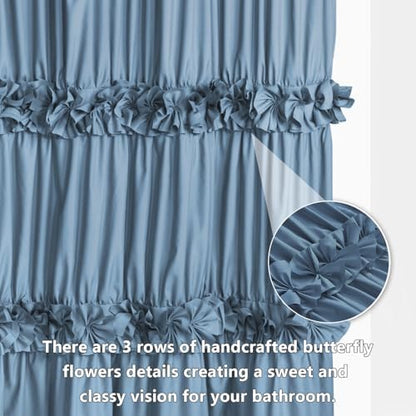 Homechoice Decor Dusty Blue Ruffle Shower Curtain, Vintage Handcrafted Bow Tie Bath Curtain for Master Bathroom, Ruched Microfiber Bathroom Curtain with 12 Buttonholes, 72" W x 72" H (LQ-10)
