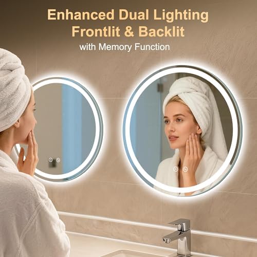 20 Inch Round LED Bathroom Mirror with Lights, Circle Lighted Vanity Mirror