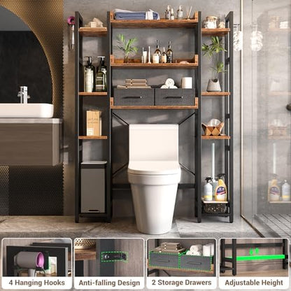 Besiost Over The Toilet Storage, 11 Tier Bathroom Organizer with Dual Side Racks and 2 Fabric Drawers, Adjustable Freestanding Rack Space Saver for Small Spaces, Rustic Brown