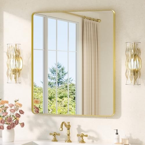 TETOTE Gold Mirrors for Wall 30 x 36 Inch Brushed Gold Bathroom Mirrors, Tempered Glass, Modern Farmhouse Wall Mounted Mirror for Decorative(Horizontal/Vertical)
