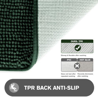 Dark Green Bathroom Rugs – Absorbent and Washable Bath Mat, Non-Slip, Thick Soft Chenille Bath Rugs for Bathroom Floor, Shower, Sink - 24" x 36"