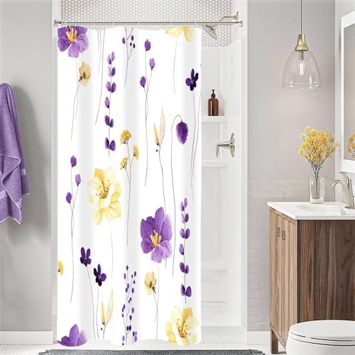 Gibelle Purple Yellow Watercolor Floral Fabric Shower Curtain, 36x72