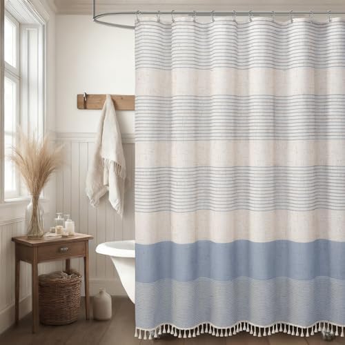 Light Blue Coastal Ocean Linen Striped Shower Curtain with Tassel 72W X 72L