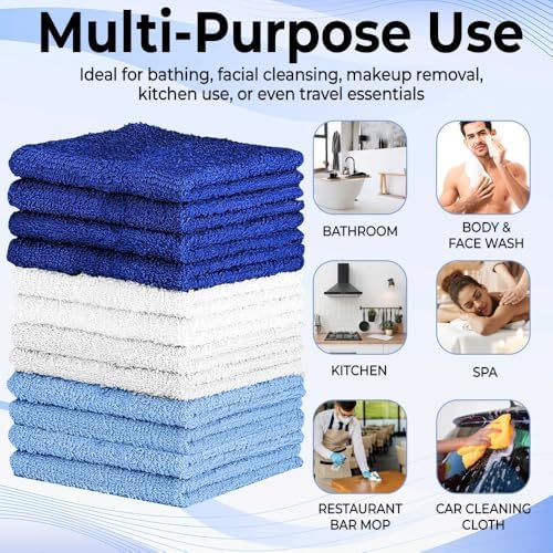 QUBA LINEN 100% Cotton Washcloth Set – Soft, Absorbent Face Towels for Bathroom & Gym Use – Durable & Reusable Wash Cloths - (Blue, White and Navy (12x12), (Pack of 12)