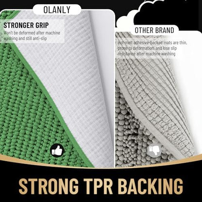 OLANLY Thick Chenille Absorbent Bathroom Rugs Mat 36x24, Olive Green