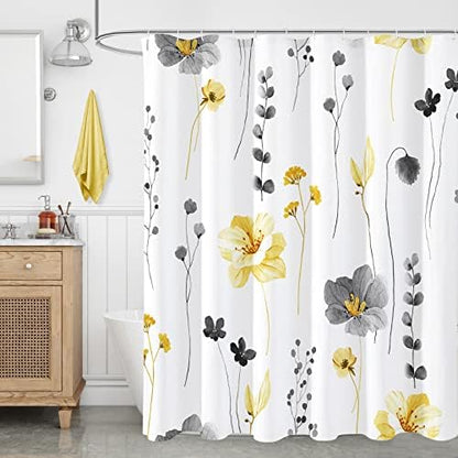 Gibelle Yellow Beige Watercolor Floral Fabric Shower Curtain, 108x72