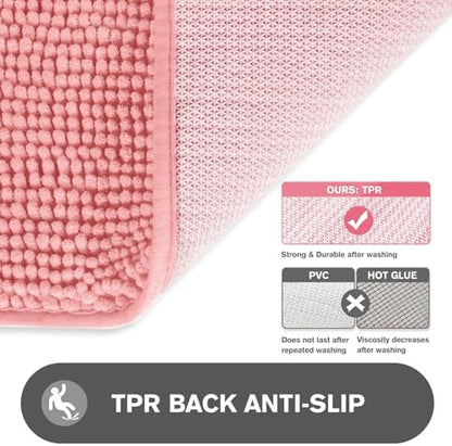 Pink Bathroom Rugs – Absorbent and Washable Bath Mat, Non-Slip, Thick Soft Chenille Bath Rugs for Bathroom Floor, Shower, Sink - 24" x 36"