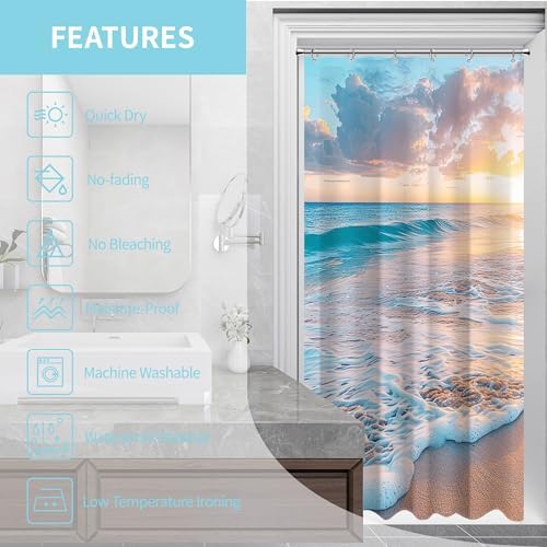 Ocean Beach Coastal Nautical Summer Sunset Small Stall RV Half Size Shower Curtain for Bathroom 39W*72H Inch Seaside Seacoast Beachy Waves Bathtub Decor Seascape Neutral Waterproof Polyester Fabric