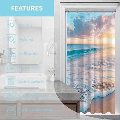 Ocean Beach Coastal Nautical Summer Sunset Small Stall RV Half Size Shower Curtain for Bathroom 39W*72H Inch Seaside Seacoast Beachy Waves Bathtub Decor Seascape Neutral Waterproof Polyester Fabric