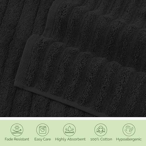 Elegant Comfort Luxury 100% Turkish Cotton Corduroy Ribbed 4 Pack Hand Towel Set 16 x 28 Inch - Absorbent, Super Soft, Quick Dry, Premium Towels for Bathroom, Gym, Spa and Hotel Use, Black