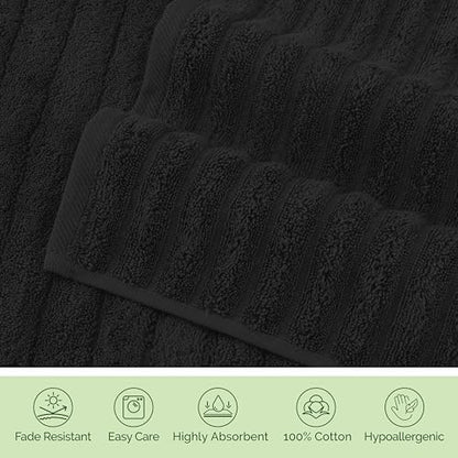 Elegant Comfort Luxury 100% Turkish Cotton Corduroy Ribbed 4 Pack Hand Towel Set 16 x 28 Inch - Absorbent, Super Soft, Quick Dry, Premium Towels for Bathroom, Gym, Spa and Hotel Use, Black