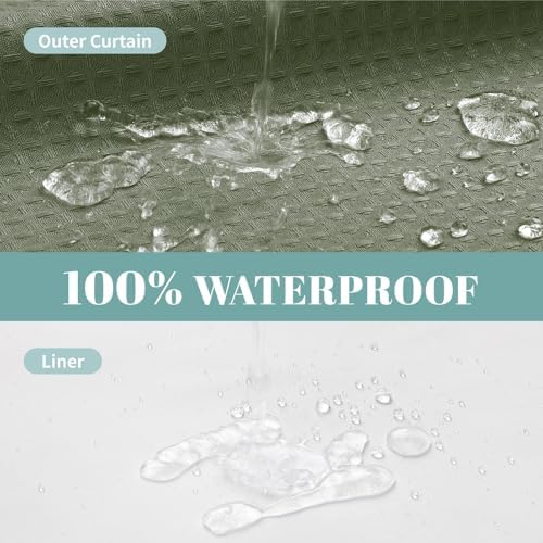 No Hook Waffle Shower Curtain with Snap-in Liner, 60x74 Inch, Sage Green