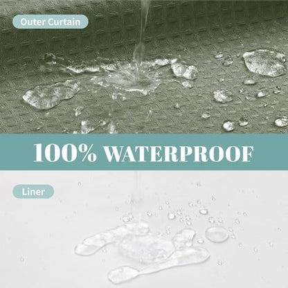 No Hook Waffle Shower Curtain with Snap-in Liner, 60x74 Inch, Sage Green