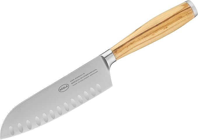 Rösle Artesano Forged Santoku Knife with Olive Wood Handle, Fluted Edges made for Fine Cutting Meat, Fish, and Vegetables, 6.5 in Blade
