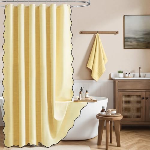 BTTN Boho Scalloped Linen Textured Cloth Shower Curtain Set, 72x84, Yellow