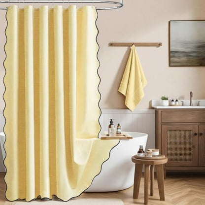 BTTN Extra Long Boho Scalloped Linen Textured Shower Curtain, 72x96, Yellow