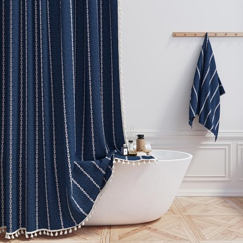 BTTN 72x96 Extra Long Boho Linen Heavy Duty Shower Curtain Set, Navy Blue